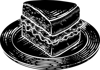 A sponge slice cake with jam and cream illustration drawing in a woodcut retro etching style.