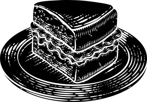 A Sponge Slice Cake With Jam And Cream Illustration Drawing In A Woodcut Retro Etching Style.