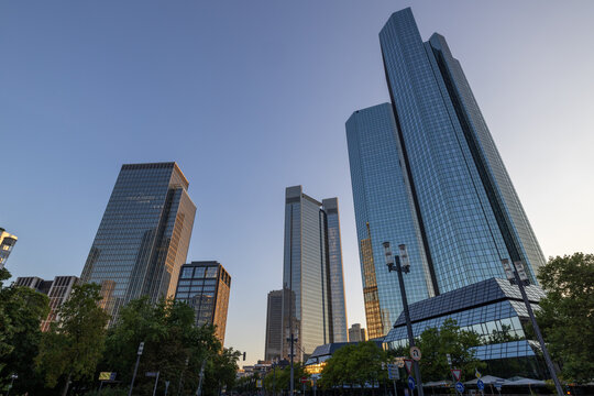 Skyline picture of Frankfurt during sunset with the Twin Towers, Trianon tower and the Marienturm tower