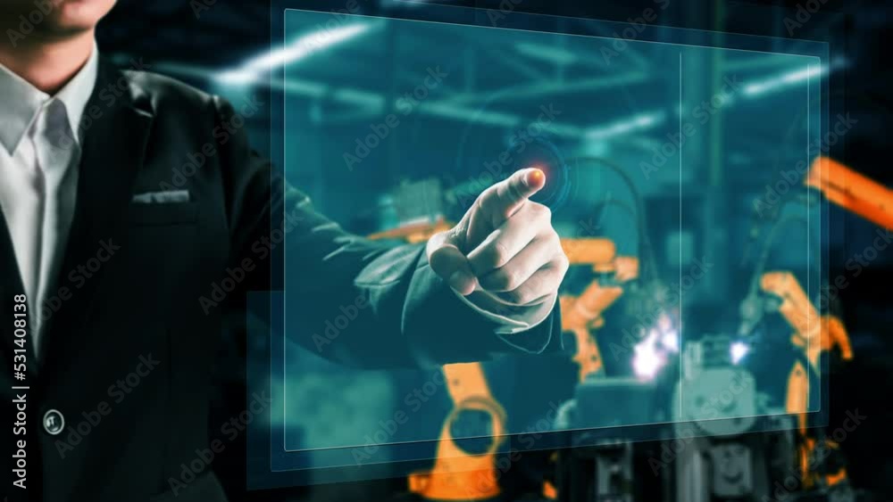 Poster engineer use cybernated robotic software to control industry robot arm in factory . automation manuf