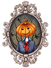 Halloween Mr Pumpkin costume party design element, alive pumpkin in picture frame, spooky decoration, october decor