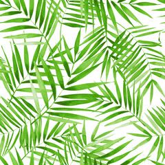 Exotic green palm leaves on white background. Seamless tropical floral pattern. Hand drawn watercolor illustration.