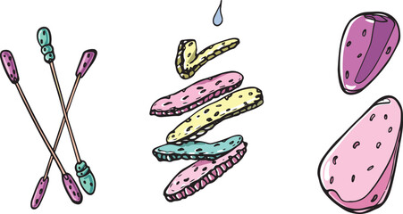 Vector illustration of hygiene products for beauty: cotton buds, cotton pads, makeup sponges