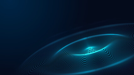 Futuristic dark background. The wave effect of digital particles. Big data. Illustration of technologies and artificial intelligence. The effect of particle oscillation. 3D rendering.
