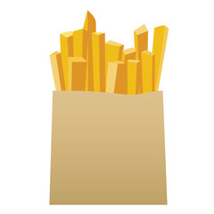 french fries in paper bag wrapper color on white transparent background