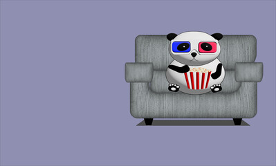 Cute panda sitting on sofa watching movie and eating popcorn on purple background 3d concept for illustration © Suriya