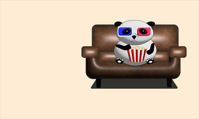 Cute panda sitting and watching movie on brown leather sofa and eating popcorn on cream background 3d concept. for illustration © Suriya