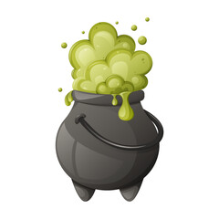 Cauldron with magic green potion. Boiling and bubbling pot. For Halloween party, witches. Cartoon vector illustration.