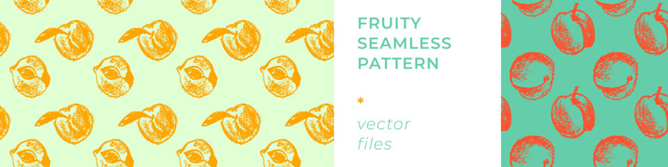 Apricot seamless pattern. Vector nectarine wallpaper. Sketch art peach background for organic baby food label, yogurt packaging design, vegan banner, fruity ornament. Peach backdrop for jam package.