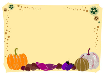 秋のフレーム背景・かぼちゃ、なす、栗、さつまいも、豆など秋の実りと和風幾何学文様