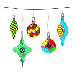 Christmas tree decorations isolated on a white background of a set of vector illustrations. Hand-drawn.The concept of winter holidays and celebrations.