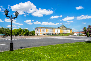 Fototapeta na wymiar Moscow, Russia - june 2022: View of the Senate Palace and park in the Moscow Kremlin in spring. Administration of the President of Russia