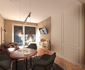 Interior of modern apartments in Scandinavian style. 3D render.