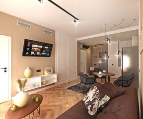 Interior of modern apartments in Scandinavian style. 3D render.
