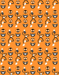 A Halloween and Day of the Dead character in the vintage cartoon style of the 60s. vector seamless pattern of funny skeletons and skulls