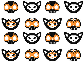 A Halloween and Day of the Dead character in the vintage cartoon style of the 60s. vector seamless pattern of cute skulls