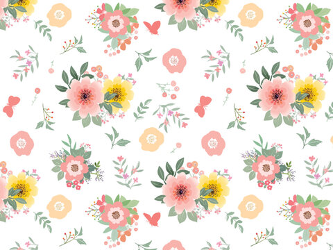 Seamless vector floral pattern. Background with bouquets of flowers from the garden. Yellow and pink flowers on white background.
