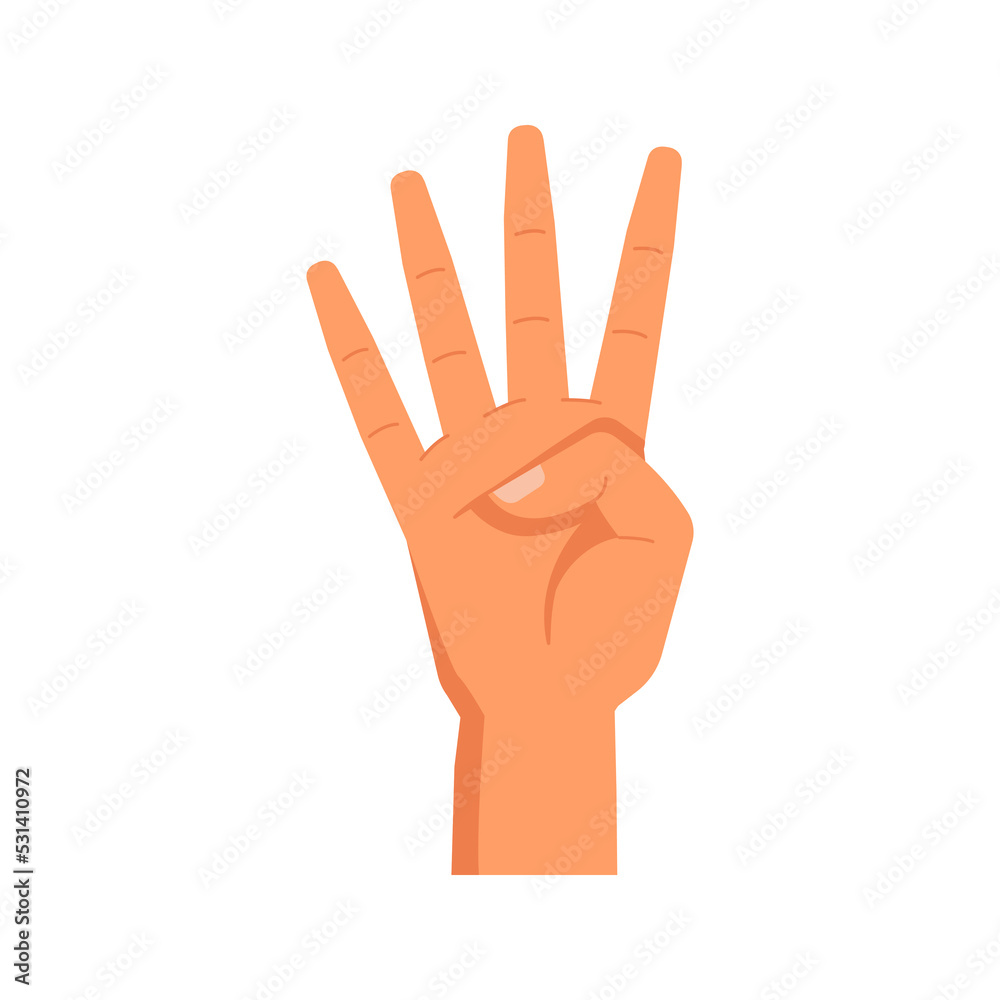 Poster Hand gesture, counting with raised fingers. Isolated number four arm. Nonverbal communication, counting and enumeration symbol or sign. Vector in flat style