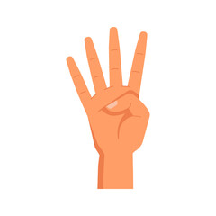 Hand gesture, counting with raised fingers. Isolated number four arm. Nonverbal communication, counting and enumeration symbol or sign. Vector in flat style