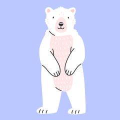 Cute polar bear in cartoon style stands on its hind legs. Isolated illustration with an animal.
