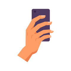 Fototapeta na wymiar Hand holding smartphone digital device, vector in flat cartoon style. Man or woman reading or making photo on mobile phone, online video call, person swipe smartphone