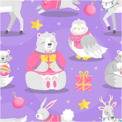 Seamless pattern with cute cartoon-style Christmas animals with gifts and christmas tree toys. Deer, bear, raccoon, owl, rabbit. Illustration background.