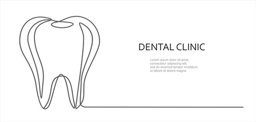Dental clinic. Tooth continuous one line drawing minimalism design. Illustration with quote template. Can used for logo, banner, booklet, flyer, brochure