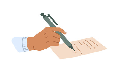 Business worker signing official letter or notice, isolated personage with pen and paper writing. Poet or writer, journalist or director. Vector in flat style