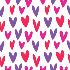 Vector Red Fuchsia purple hand drawn hearts seamless pattern on white background. Great as valentine day content, background, greeting cards
