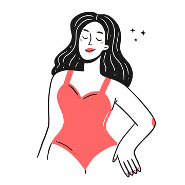 recommend clip art: A girl in a swimsuit is sunbathing in the sun. The character woman in a linear doodle style.
