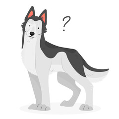 A siberian husky dog with a question mark. Dog question. An uncomprehending dog with its head tilted. Pet illustration.