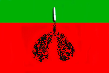 Cigarette, effect on lungs. Going from a green background to a red DANGER.