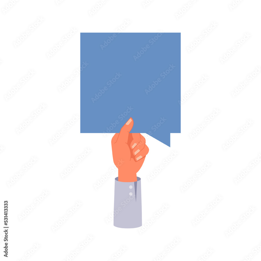 Aufkleber hand holding dialog or thought bubble with copyspace. isolated arm with blank sign, feedback or comm