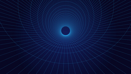 An abstract tunnel with a blue mesh structure. 3D grid of tunnels and corridors. Virtual reality framework. Vector wormhole. - obrazy, fototapety, plakaty