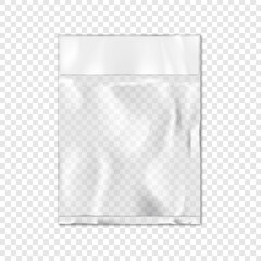 Top sealed clear vinyl pouch with white blank paper insert on transparent background vector mock-up. Empty square flat plastic bag package mockup for design - 531414163