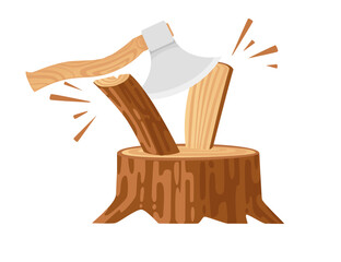 Chopping wooden log on stump with axe vector illustration isolated on white background