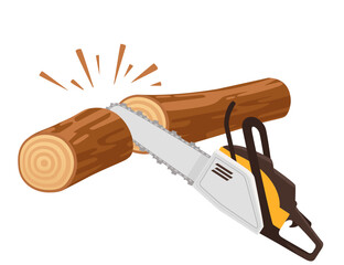 Sawing wooden log with modern chainsaw vector illustration isolated on white background