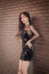 asia thai teen black dress beautiful girl smile and relax