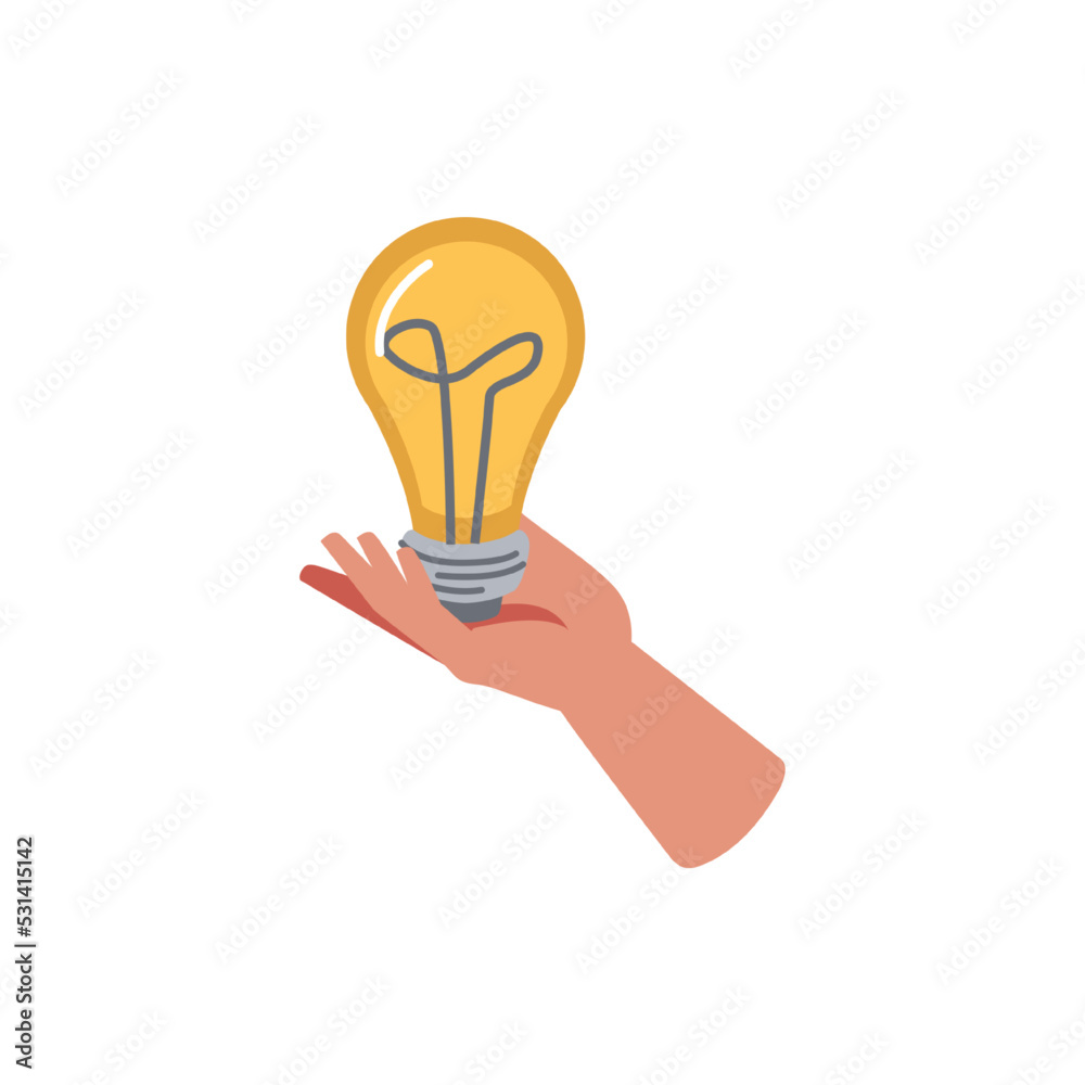 Poster innovative solution or brainstorming, isolated hand holding light bulb. investment possibilities and