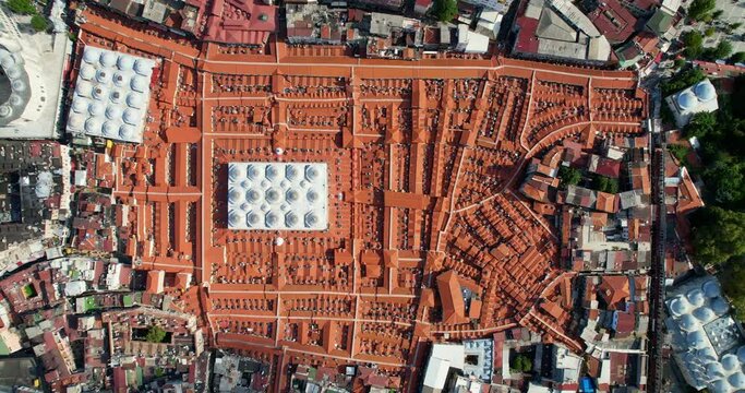 The famous Grand Bazaar in Istanbul, Turkey. Aerial view of the roof of the Grand Bazaar in sunny weather. Shopping In Istanbul. Indoor market. Drone view of the roof of the Grand Bazaar in Istanbul
