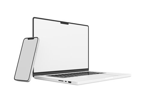 MacBook Pro Laptop and iPhone 13 smartphone in 3D rendered illustration on white background in minimal style for mockup and responsive website. Blank screen Apple laptop computer in transparent png