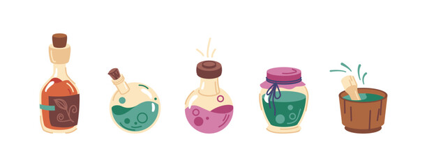 Witchcraft and sorcery, isolated magic potions used for spells. Enchantment or poison. Vials or glass bottles with brewery. Vector in flat cartoon style