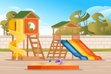 Kids playground in public park with trees and city on background landscape vector illustration