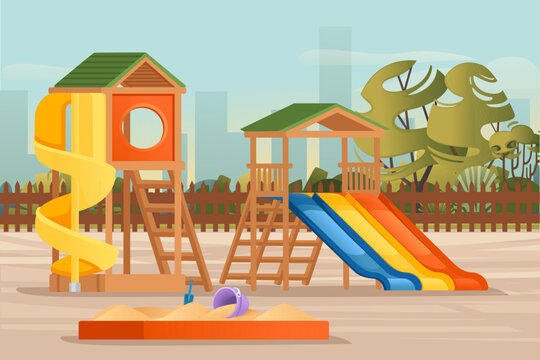 Kids playground in public park with trees and city on background landscape vector illustration
