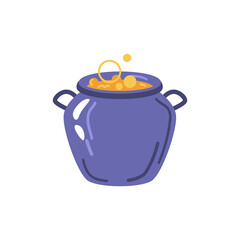 Witchcraft and occult practice, isolated cauldron with boiling hot magic potion or spell. Enchanting or poisoning, witch brewery. Vector in flat cartoon style