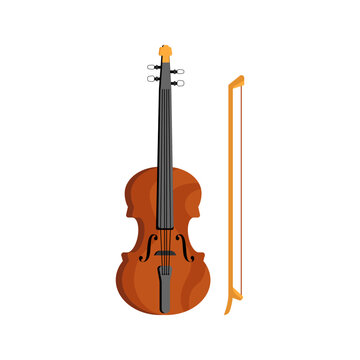 Violin stringed musical instrument with treble pitch. Isolated classical device for performing on concerts, music playing. Vector in flat cartoon style