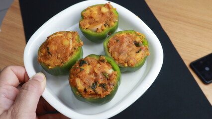 Capsicum fry with potato called shimala mirch in India, Tasty Vegetable , Stuffed Capsicum