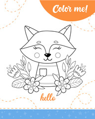 Coloring page for kids with funny foxy and flowers bouquet.
A printable worksheet, vector illustration.