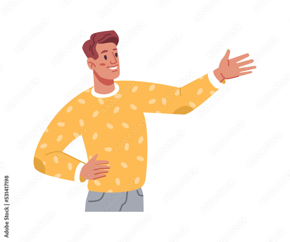 Poster gesturing cheerful male character showing with hand aside. isolated presenter at work, businessman o