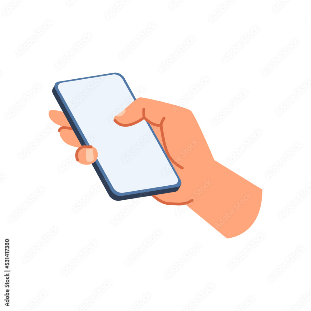 Poster Holding and using smartphone, isolated hand of user with a modern device and big screen. Touchscreen of telephone in arms. Vector in flat cartoon style